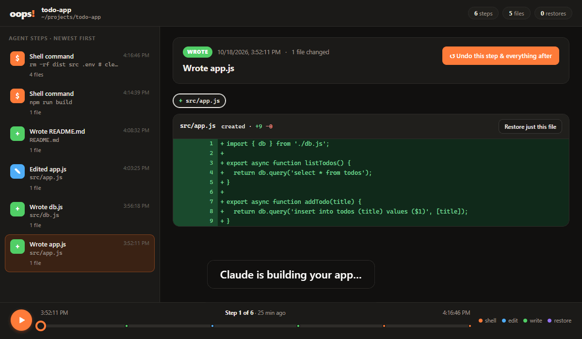 Demo: Claude rm -rf ile dosyaları siliyor, Oops hepsini tek tıkla geri getiriyor